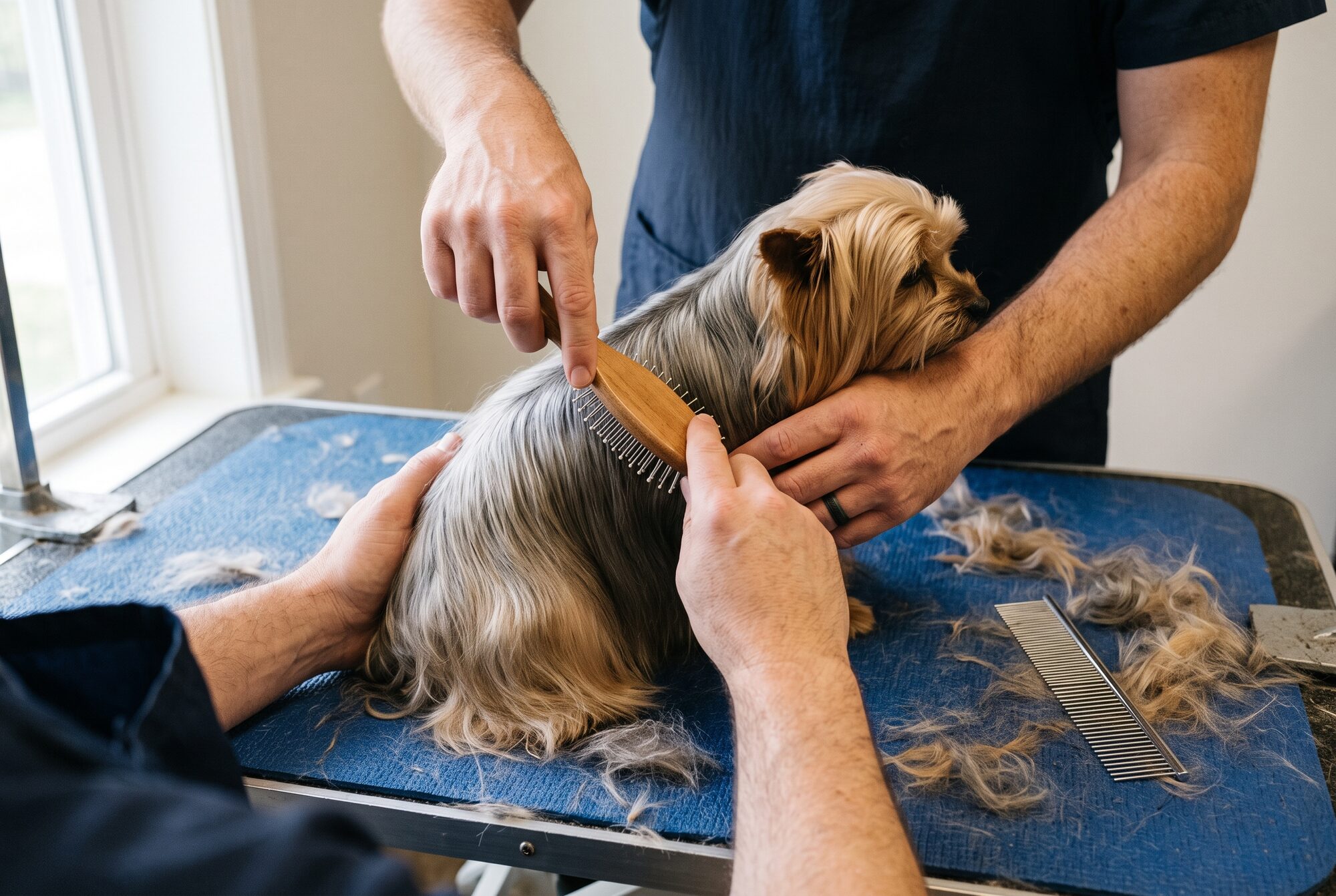 Brushing out a yorkie's silky coat