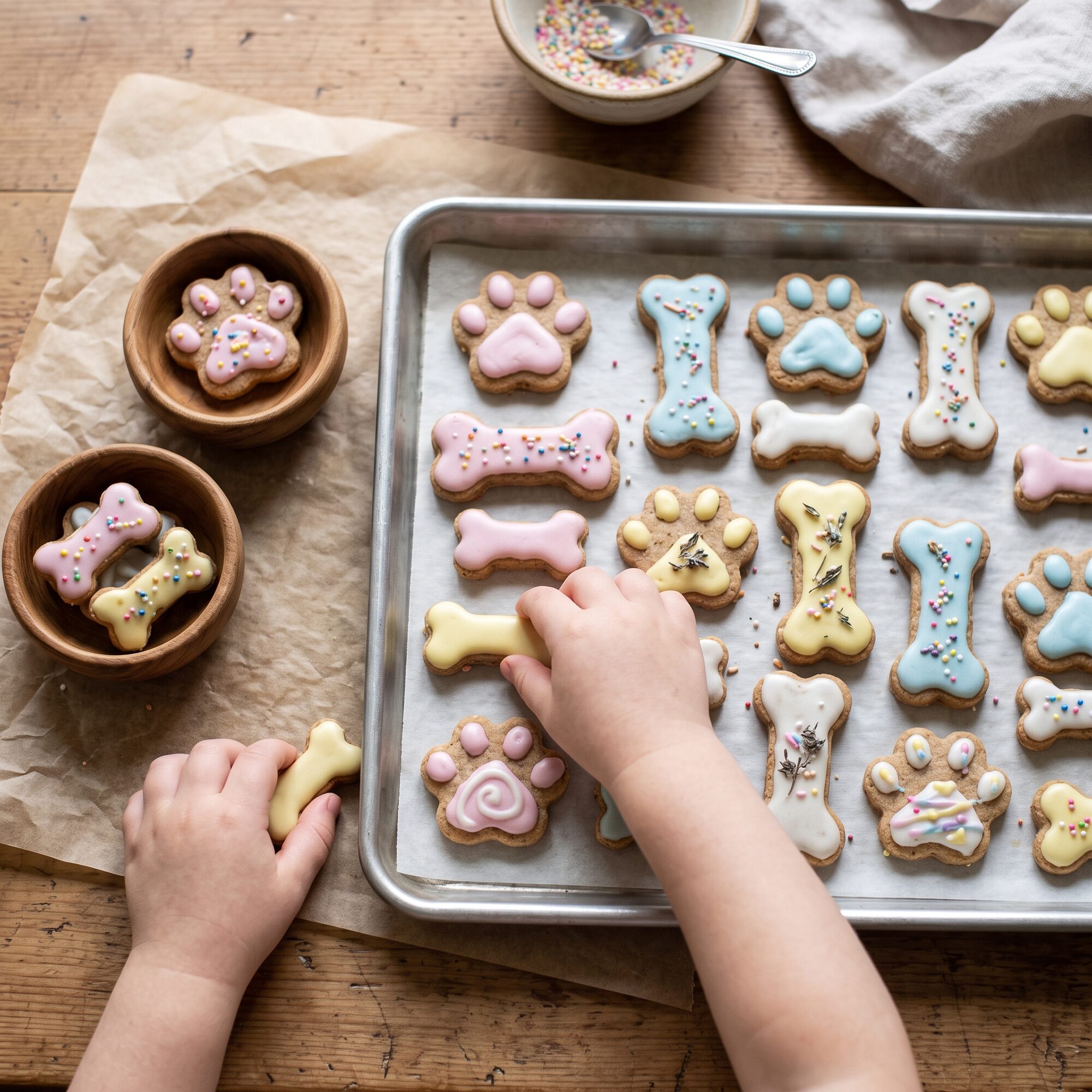 A tray of iced bone and paw shaped dog cookies