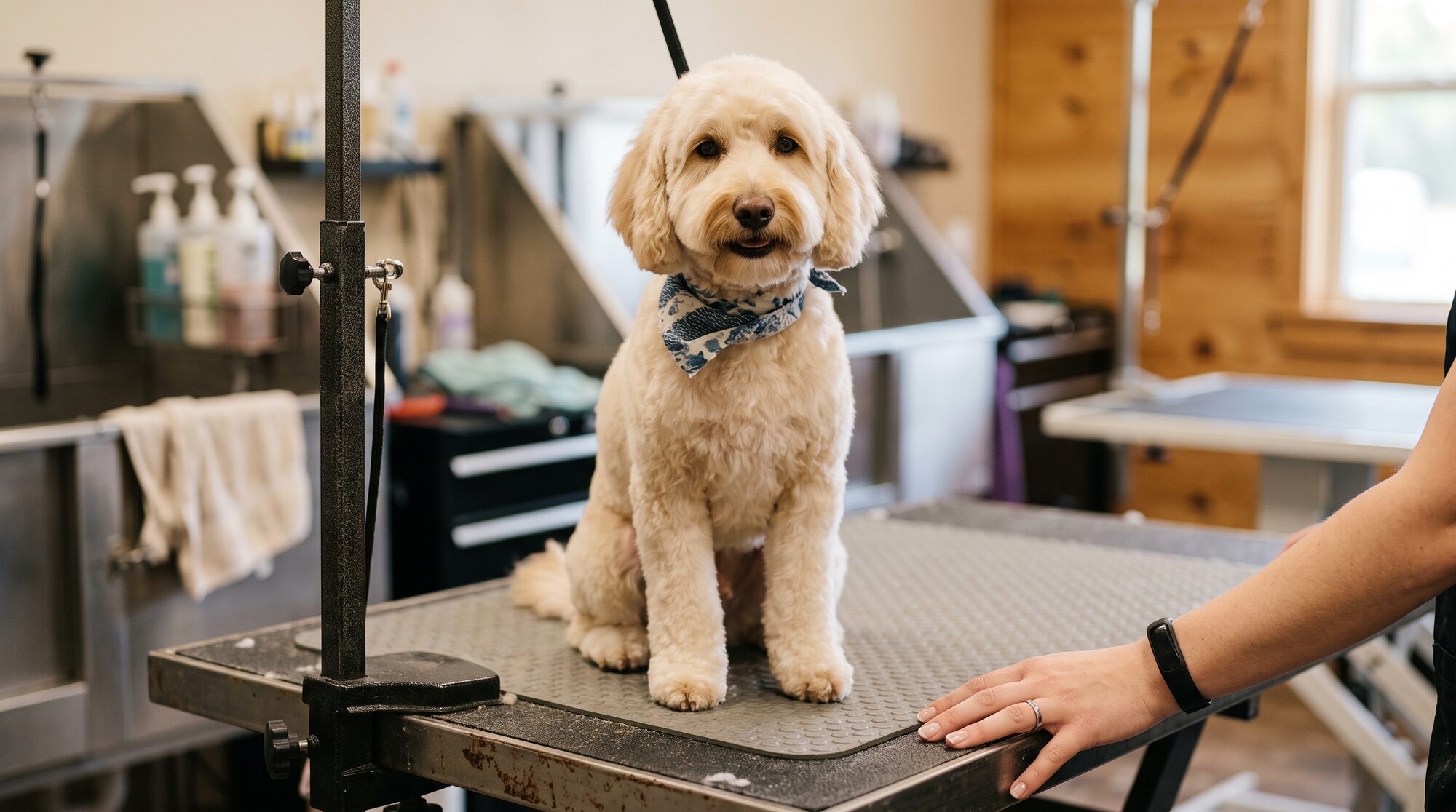 A cream labradoodle in a bandana after a groom